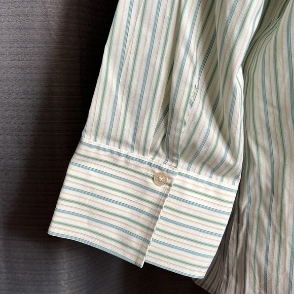 EDDIE BAUER STRETCH WRINKLE RESISTANT XL GREEN YELLOW STRIPED BUTTON FRONT SHIRT - Picture 6 of 8